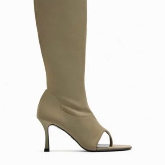 ZARA Open Toe Beige Boots Knee High NWT 7.5 - Picture 5 of 8